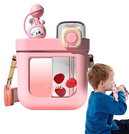 Qurygin Graziosa bottiglia d'acqua per bambini, con motivo animale, con cannuccia e cinghia, per campeggio, escursionismo, viaggi con zaino in spalla, 590 ml