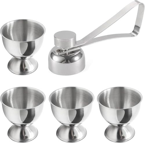 Egg Cup Set, 4 Pcs Stainless Steel Egg Cups with 1 Egg Opener for Raw Soft Boiled Egg Cups Holder Stand, Egg Topper Opener Cracker Great Size Easter Egg Cup, Breakfast Tray Egg Shell Opener