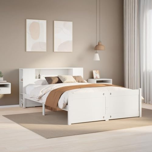 Qnhdfrt Massivholzbett mit Bücherregal Kiefernholz Bettgestell 150x200 cm Weiß Lattenrost Stauraum für Kinderzimmer Jugendzimmer Gästebett