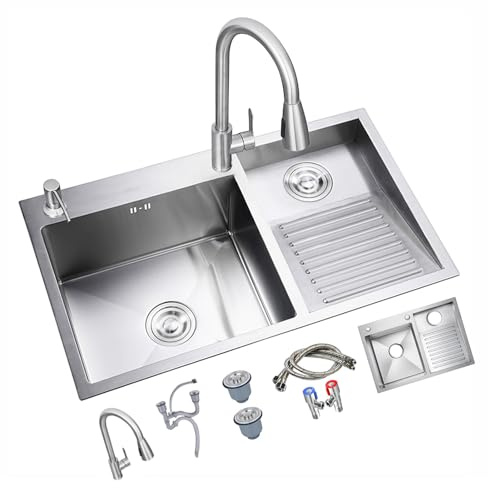 KANBUN Fregadero de la Cocina Lavandería de Doble tazón de Acero Inoxidable con Grifo de Lavado y extracción-baño/Utilidad de Servicio Pesado para Lavado, Limpieza y multitarea | Fácil de Instalar C