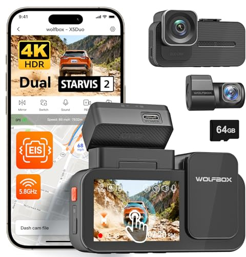 WOLFBOX X5 Duo 4K+2.5K Dashcam Auto mit Anti-Shake, 8MP STARVIS 2 HDR Dashcam Vorne Hinten mit 5.8 GHz WLAN GPS, 64 GB-Karte, Sprachsteuerung und Touchscreen, IMX678+IMX675 Dash cam