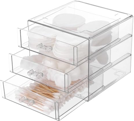 SUMTree Organisateur de Tiroirs en Acrylique, Carré - 3 tiroirs | Transparente, Boîte Rangement pour Accessoires Coiffure, Pour le Bureau, 13×13×11cm