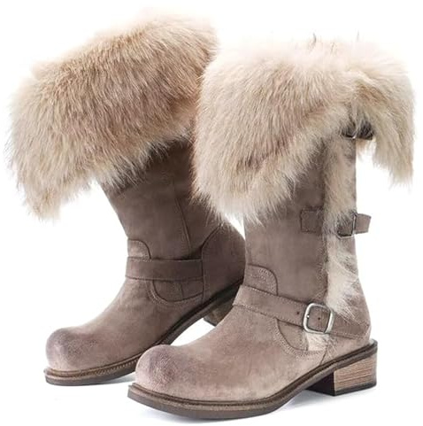 GHTRHSB Bottes de neige mi-mollet pour femme en fausse fourrure - Chaudes et repliables - Antidérapantes - Talon bas - En daim synthétique, gris, 36 EU