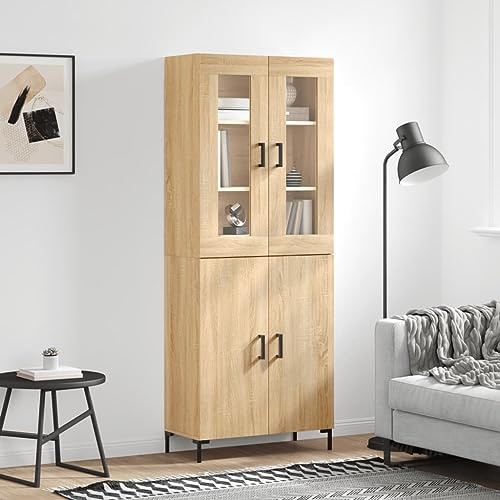 Fangmaliuyun Highboard Sonoma Eiche 69,5x34x180 cm Holzwerkstoff mit Sideboard und Aufsatz Modernes Wohnzimmerschrank Viel Stauraum Küchenbuffet für Flur Esszimmer Schlafzimmer