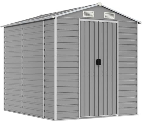 Massbinet Gerätehaus Hellgrau 191x215x198 cm Verzinkter Stahl Metall Gartenschuppen mit Fundament Geräteschuppen Gartenhaus Garten Schuppen Satteldach