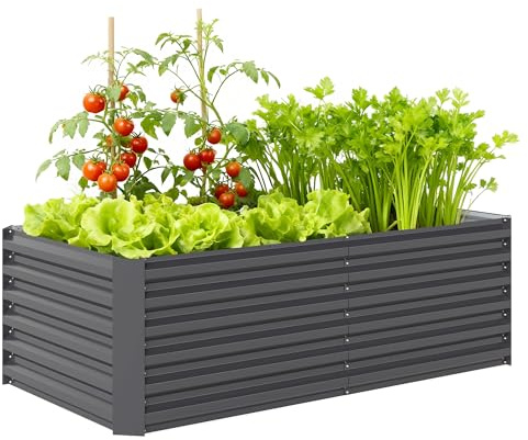 Outsunny Hochbeet Metall 180 x 90 x 57,5 cm Tief Gartenbeet mit Stützstange Offenem Boden, wetterfest Kräuterbeet Pflanzkasten Pflanzkübel für Außenbereich Garten Balkon Dunkelgrau