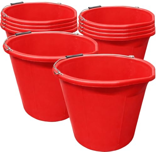 10x Heavy Duty Red Plastic Builders Buckets 3 Gallon 14 Litre Water Mixing Storage Strong with Handle and Spout Ideal Made in UK Colour Coded Bucket