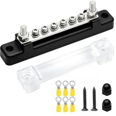 6 Bornes Bloque Distribuidor 150A, 12V Barra de Bus Eléctrica con Tapa | Barra de Conexiones con 6 x M4 + 2 x M6 Pernos, Material Duradero Ignífugo, Caja Conexiones DC 48V para Coche Barco Caravana