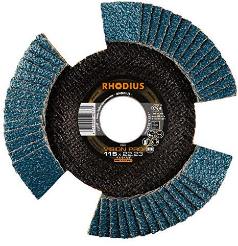 RHODIUS VISION PRO, 10 Stück Ø 115 mm K40 Fächerscheiben durchsichtig, Made in Germany, Metall Edelstahl Stahl INOX, für Winkelschleifer, Schleifscheibe, Fächerschleifscheibe