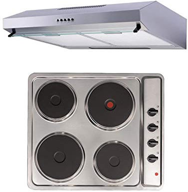 SIA 60cm Stainless Steel 4 Zone Solid Plate Electric Hob & Visor Cooker Hood Fan