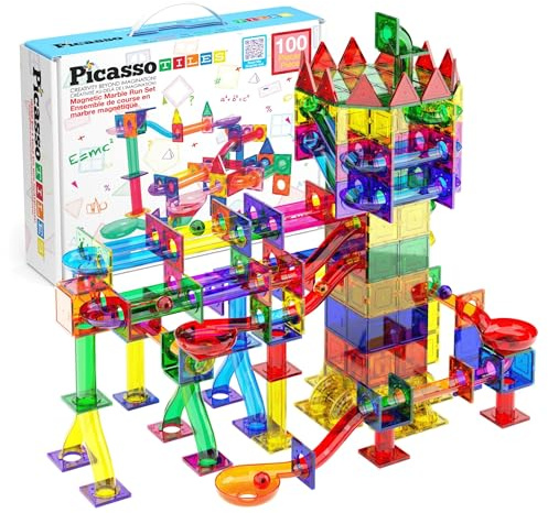 PicassoTiles 100pc Magnetic Marble Run Set with Racing Track Tiles Funnels Curved Slopes and Steel Balls for Kids STEM Construction Indoor Learning Toy that Promotes Focus and Problem Solving PTG100
