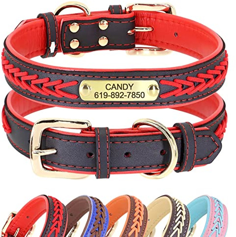 Didog Hundehalsband, Leder, mit Gravur des Namensschildes aus Messing, geflochtenes Leder, weich gepolstert, verstellbar, für kleine, mittelgroße und große Hunde,Rot, XL(Halsumfang 45–55 cm)