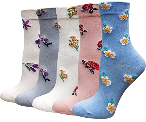 DXYAKY 5 par kvinnors blommiga bomullsstrumpor vintage mönstrade besättningsstrumpor nyhet ankelstrumpor ruffled varm casual klänning strumpor, 5 par – Hav av blommor, one size