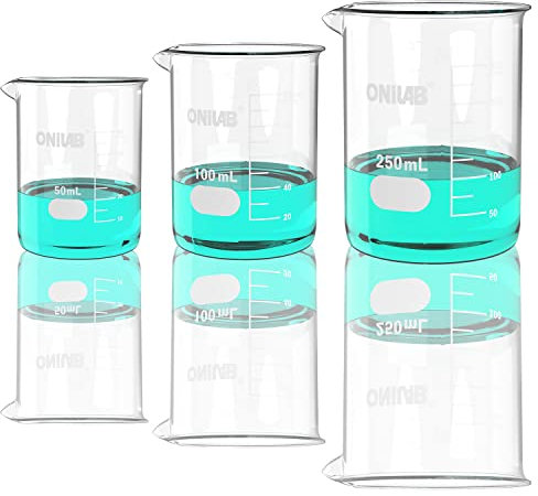 ONiLAB Glass Measuring Beaker Set 50ml 100ml 250ml (Pack of 3) 3.3 Boro Griffin Low Form with Printed Graduation Scientific Glassware for Laboratories, Classrooms or Home Use 13900244…