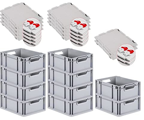 PROREGAL SuperSparSet 10x Eurobox NextGen Grip mit Scharnierdeckel und roten Schiebeschnappverschlüssen, HxBxT 17x30x40cm, 16 L, Grau, Griffe offen, Eurobehälter, Transportbox