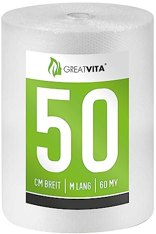 Luftpolsterfolie 1 Rolle - 0,5 x 50m (60my) | Premium Qualität - Ideal für Versand, Verpackung Umzug -Verpackungsmaterial | GreatVita