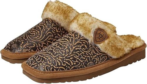 ARIAT Women's Jackie Square Toe Embossed Tooling Warm Soft Comfortable Genuine Full-Grain Leather Indoor Outdoor Slippers, Brown, 8