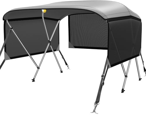 KAKIT Bimini Tops for Boats with 3 Mesh Sidewalls Rear Support Poles Boat Canopy Includes Straps Storage Boot(3 Bow 6'L x 46 H x 61-66 W,Dark Gray)