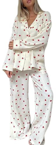 codcm Set Pigiama da Donna in Cotone con Stampa a Cuore Carino Camicia a Maniche Lunghe Button Down con Pantaloni Lunghi, Albicocca, S
