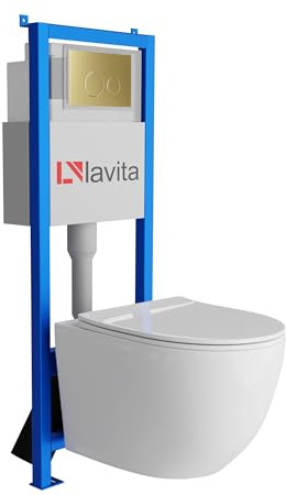 Lavita LAV 101 Vorwandelement für WC 40cm + Wand Hänge Tiefspül WC SINTO Weiß Spülrandlos + Bedienplatte LAV 200.4.5 Gold | Komplettset | Unterputz Spülkasten | Toilette Komplett Sett