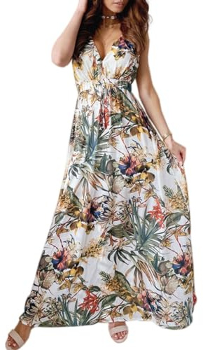 CheChury Vestido Largos Verano Mujer Elegante Vestidos Casual Mujer Bohemio Vestido con Estampado Floral Sin Manga Vestido Maxi Cuello en V Vestidos Florales Vintage Larga Vestido de Playa Vacaciones