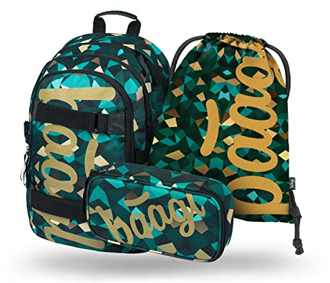 Baagl Schulrucksack Set Jungen Mädchen 3 Teilig, Schultasche ab 3. Klasse, Grundschule Ranzen mit Brustgurt, Ergonomischer Schulranzen