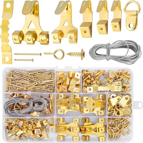 Lot de 250 crochets pour tableaux - Avec fil de fer, anneaux en D, œillets à vis pour yeux, crochets en acier et clous - Doré
