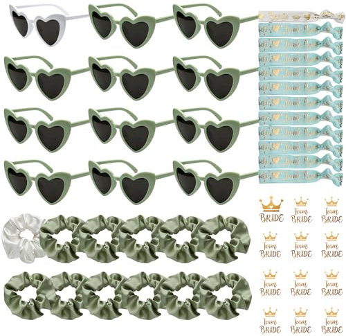 YeahBoom 48 Stück JGA Brille Team Braut,Bride to Be Herz Brille Set,12 Herz Sonnenbrille+12 Bride Haargummi+12 Bride Tattoo Aufkleber+12 Bride Armband,Jungesellinnenabschied Frau Accessoires,JGA Deko