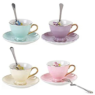 Tazza da latte Bicchieri in vetro, tazzine da caffè in stile Euro e piattino, set di 4 tazze da tè in porcellana Bone China for la cucina domestica, Tea Party (4 colori assortiti/set) (90 ml)