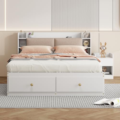 HYSZ Kopfteil mit eingebautem Staufach, mit Schubladen, mit Nachttisch, mit Stauraum-Langschrank, mit Sofabank, Stauraumbett Doppelbett Stauraumbett Tatamibett, weiß,Massivholz-Kombi-Bett 140 * 200cm