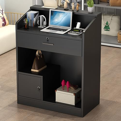 Rezeptionstheke aus Holz mit abschließbarer Schublade, kleiner Empfangstresen für Salon, Kasse, Büro, mit offenen Regalen, 80 cm, Schwarz