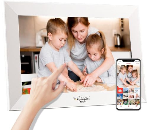Digitaler Bilderrahmen mit 10.1 Zoll. LED-Farben, 1280x800 HD-Touchscreen, WiFi, 32GB Speicher, Auto-Rotation & App-Steuerung – Drahtlos Fotos teilen, ideales