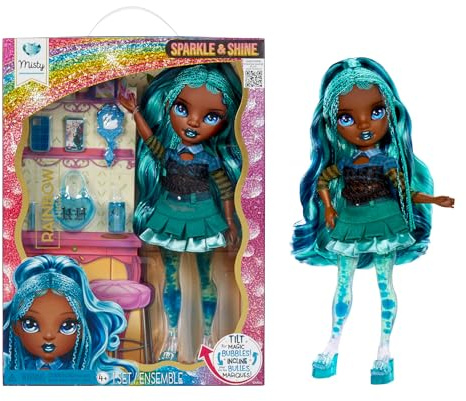 Rainbow High Sparkle & Shine Doll - Misty - 28 cm modedocka med blått hår och magiska bubblor på benen, färg, stil, spel, samlarobjekt, ålder 4–12 år