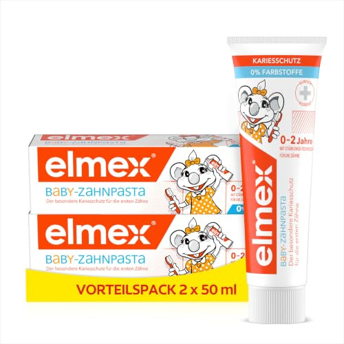 elmex Zahnpasta Baby 0-2 Jahre, 50ml – besonderer Kariesschutz für die ersten Zähne bei Babys – schützt den Zahnschmelz und ist sanft zum Zahnfleisch (Packung mit 2)