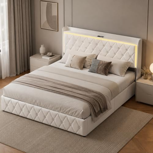 DULRLLY Bett 160x200 mit Stauraum Polsterbett Doppelbett mit LED und USB-Ladefunktion Hydraulisch Stauraumbett Funktionsbett Bettgestell mit Stauraum und Lattenrost, Samt, Ohne Matratze