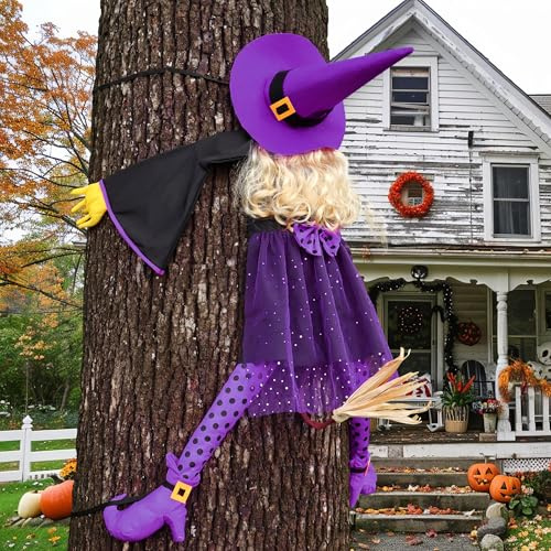 HOIIOH 135cm Purple Crashing Witch Halloween Decoration – Funny Outdoor Hanging Witch Prop for Garden, Tree, Porch, Front Door & Fence – Large Spooky Witch Decor for Halloween