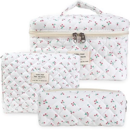 -Huoflame 3er Kosmetiktasche Set mit Kirschenmuster - Kulturtasche Damen, Kosmetiktasche klein, Federmäppchen, Make up Organizer, Schminktasche ästhetisch - Baumwolle Kulturbeutel für Reisen, Schule