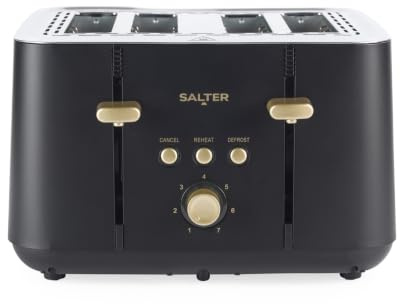 Salter Alchemy 4 Slice Toaster, 7 Browning Levels, Wide Slots, 1850 W | Defrost, Reheat, Cancel Functions, Self Centering Guides, Anti Jamming, Removable Crumb Tray, Black And Gold Finish