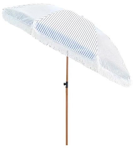 Générique Parasol de Jardin Bohème À Franges, 210 cm Parasol D'extérieur À Rayures Bleues avec Mât Inclinable en Fer, Parasol de Plage UPF50+ pour Terrasse