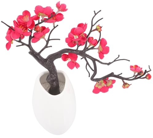 INOOMP Fiore Artificiale Ramo di Prugna Decorativo in Vaso di Ceramica Rosso, senza Manutenzione Giornaliera, per Decorare Soggiorno e Arredamento Casa