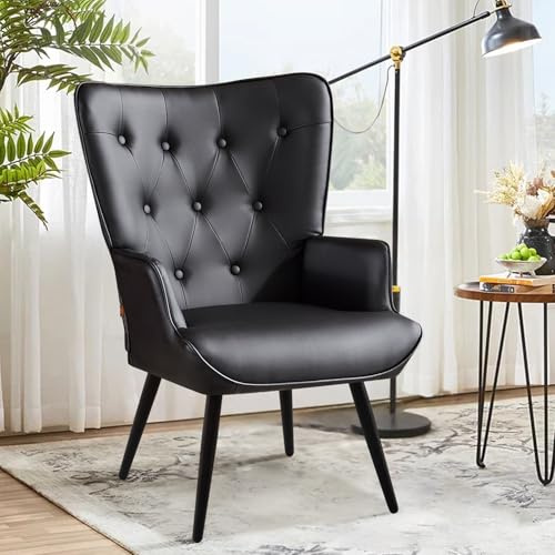Ckaff Ohrensessel Sessel Wohnzimmer, Skandinavischer Stil Relaxsessel PU-Kunstleder mit Hoher Rückenlehne Loungesessel Polstersessel fürs Wohnzimmer Schlafzimmer Arbeitszimmer Gästezimmer, Schwarz