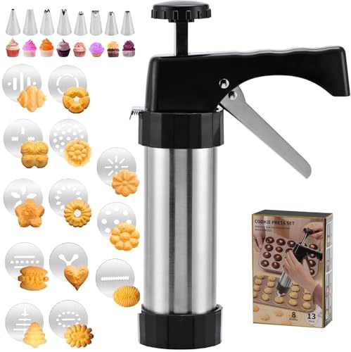 EooUooIP Cookie Press Gun Kit, Spritz Cookie Press, Stainless Steel Cookies Maker with 13 Discs, 8 Piping Tips for DIY Christmas Cookies, Baking and Decorating
