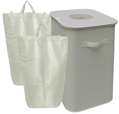 Relaxdays Bottle Recycling Bin, 100 L, 2 Carry Bags, Wipeable, Bottle Collector for Empties, Beige