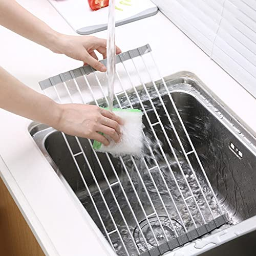 ZIUBMVDYC Escurridor de Platos sobre el Fregadero, Escurreplatos Enrollable de Silicona y Acero Inoxidable(Gray,260 * 580mm)