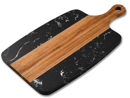 FUANA Tabla de cortar de mármol y madera de acacia con asa, plato de doble cara para cortar y servir queso, pan, carne y verduras, blanco/negro, accesorios de 7.3 x 13.75 pulgadas