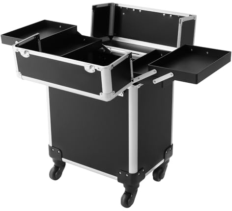 Kosmetikkoffer, Friseurkoffer, Schminkkoffer Rollkoffer, mit Schubladen und Rollen, 34x24x47cm, für Visagisten, Hairstylisten, Kosmetikerinnen, Schwarz