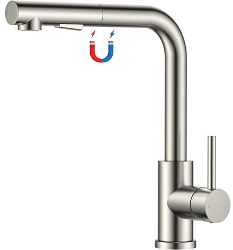 FORIOUS Grifo Cocina, Grifo Cocina Fregadero con Cabezal Rociador Magnético Extraíble, 2 Funciones de Rociado y Rotación de 360°, Torneira Cozinha de Acero Inoxidable en Forma de L