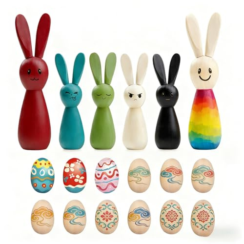 PILUZEAT 18 Stück Ostern basteln,Eier Hase Holzfiguren Ostereier zum Bemalen,Holzanhänger Ostern,Osterbasteln,Spielfiguren Holz für Osterdekoration Ostergeschenke