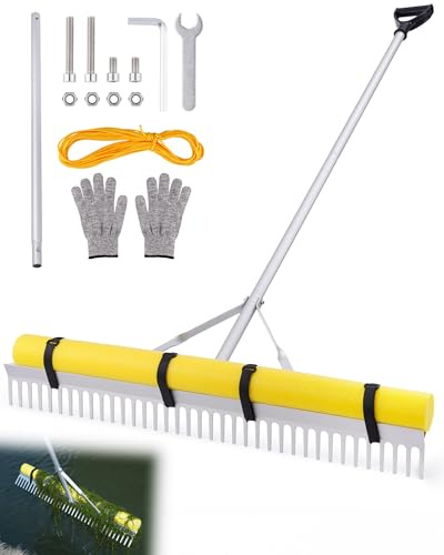 Rastrello per laghetto, rastrello galleggiante da 91,4 cm con manico di estensione da 2,6 m (259,1 cm) e corda da 15,8 m, rastrello per erbacce acquatiche in alluminio per lago, rastrello resistente