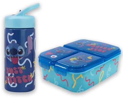 MARUKATSU Stitch Set Sandwichera Infantil con Compartimentos y Botella 410ml para Niños y Niñas | Fiambrera Escolar + Botella Reutilizable |